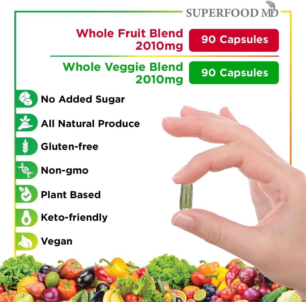 Superfood MD Fruits and Veggies Supplement - 90 Fruit and 90 Veggie Capsules - Supports Energy Balance, High Lycopene, Vitamins & Minerals -Made in The USA - 90 Count